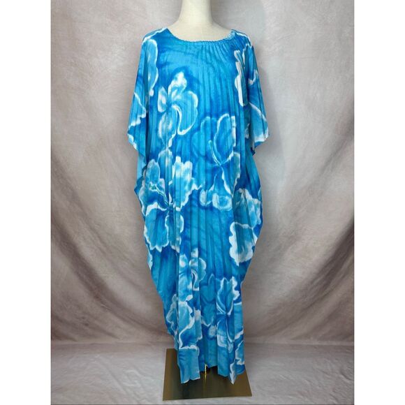 Vintage Hawaiian Kaftan Accordion Pleats Large XL Blue Floral - Picture 3 of 11